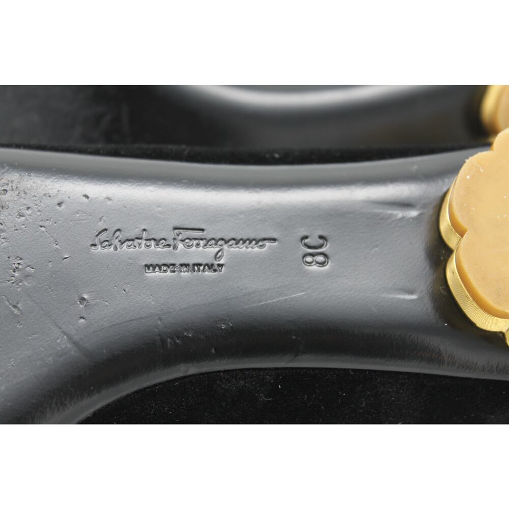 Salvatore Ferragamo Black Velvet Suede Gold Flats Flower Heel Shoes Size 8 - Picture 9 of 13